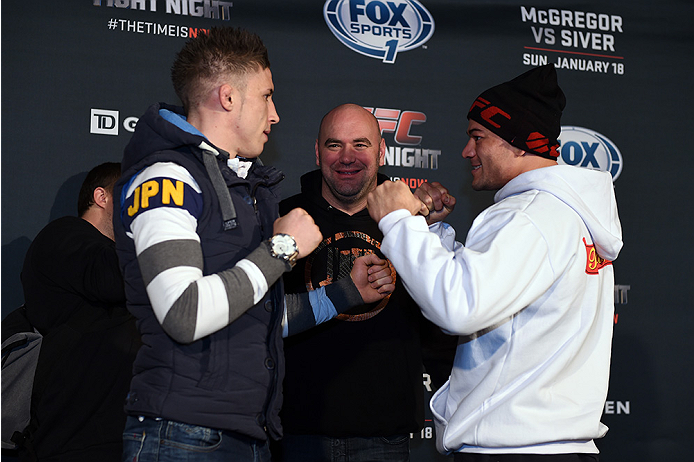 BOSTON, MA - JANUARY 16: (L-R) UFC lightweights Norman Parke of Ireland faces off with opponent Gleison Tibau of Brazil at Faneuil Hall on January 16, 2015 in Boston, Massachusetts. (Photo by Jeff Bottari/Zuffa LLC/Zuffa LLC via Getty Images)