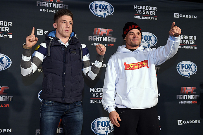 BOSTON, MA - JANUARY 16: (L-R) UFC lightweights Norman Parke of Ireland faces off with opponent Gleison Tibau of Brazil at Faneuil Hall on January 16, 2015 in Boston, Massachusetts. (Photo by Jeff Bottari/Zuffa LLC/Zuffa LLC via Getty Images)