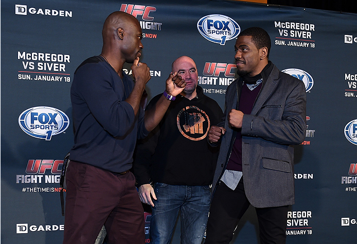 BOSTON, MA - JANUARY 16: (L-R) UFC middleweights Uriah Hall and Ron Stallings face off for the media at Faneuil Hall on January 16, 2015 in Boston, Massachusetts. (Photo by Jeff Bottari/Zuffa LLC/Zuffa LLC via Getty Images)