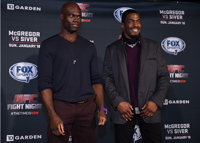 BOSTON, MA - JANUARY 16: (L-R) UFC middleweights Uriah Hall and Ron Stallings pose for the media at Faneuil Hall on January 16, 2015 in Boston, Massachusetts. (Photo by Jeff Bottari/Zuffa LLC/Zuffa LLC via Getty Images)