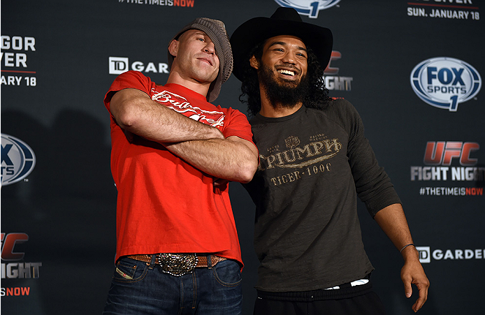 BOSTON, MA - JANUARY 16: (L-R) UFC lightweights Donald 'Cowboy' Cerrone and Benson 'Smooth' Henderson interact with the media at Faneuil Hall on January 16, 2015 in Boston, Massachusetts. (Photo by Jeff Bottari/Zuffa LLC/Zuffa LLC via Getty Images)