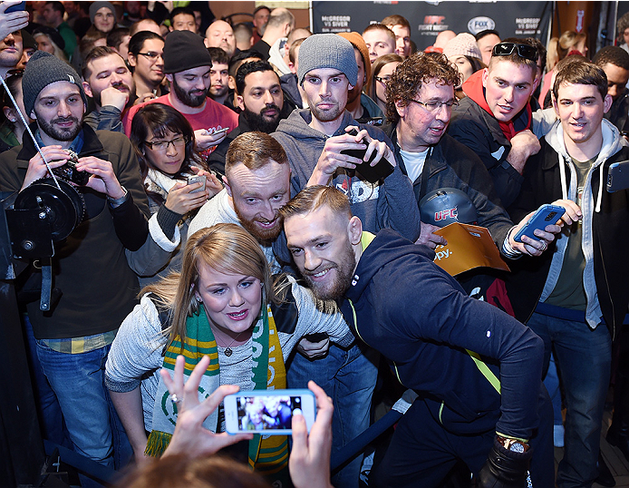 BOSTON, MA - JANUARY 16: UFC featherweight Conor McGregor of Ireland interacts with fans at Faneuil Hall on January 16, 2015 in Boston, Massachusetts. (Photo by Jeff Bottari/Zuffa LLC/Zuffa LLC via Getty Images)