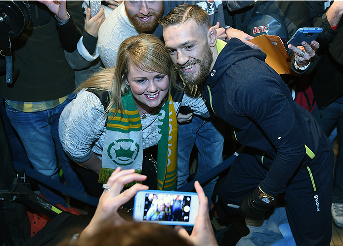 BOSTON, MA - JANUARY 16: UFC featherweight Conor McGregor of Ireland interacts with fans at Faneuil Hall on January 16, 2015 in Boston, Massachusetts. (Photo by Jeff Bottari/Zuffa LLC/Zuffa LLC via Getty Images)