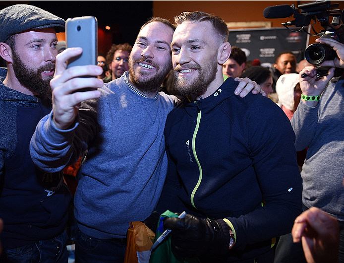 BOSTON, MA - JANUARY 16: UFC featherweight Conor McGregor of Ireland interacts with fans at Faneuil Hall on January 16, 2015 in Boston, Massachusetts. (Photo by Jeff Bottari/Zuffa LLC/Zuffa LLC via Getty Images)