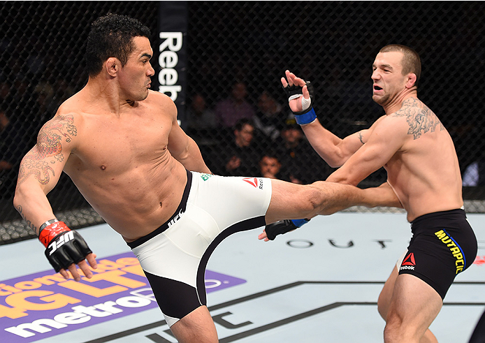 BOSTON, MA - JANUARY 17: (L-R) Francimar Barroso of Brazil kicks Elvis Mutapcic of Bosnia in their light heavyweight bout during the UFC Fight Night event inside TD Garden on January 17, 2016 in Boston, Massachusetts. (Photo by Jeff Bottari/Zuffa LLC/Zuf