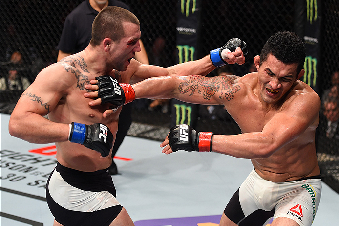 BOSTON, MA - JANUARY 17: (L-R) Elvis Mutapcic of Bosnia punches Francimar Barroso of Brazil in their light heavyweight bout during the UFC Fight Night event inside TD Garden on January 17, 2016 in Boston, Massachusetts. (Photo by Jeff Bottari/Zuffa LLC/Z
