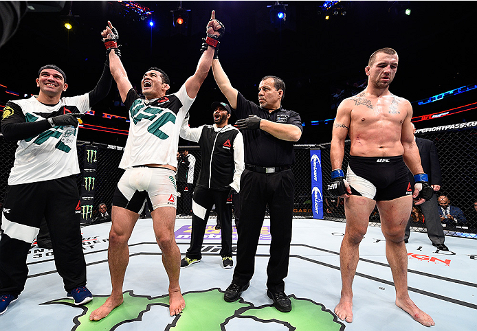 BOSTON, MA - JANUARY 17: Francimar Barroso of Brazil celebrates after his unanimous-decision victory over Elvis Mutapcic of Bosnia in their light heavyweight bout during the UFC Fight Night event inside TD Garden on January 17, 2016 in Boston, Massachuse