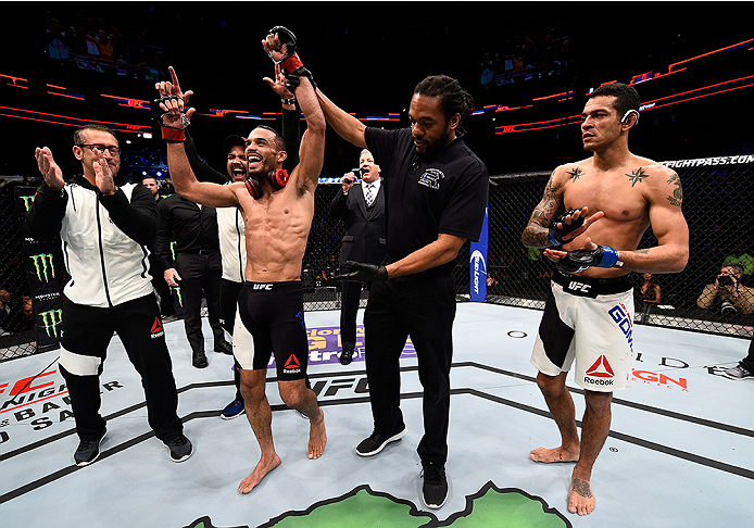 BOSTON, MA - JANUARY 17: Rob Font celebrates after his TKO victory over Joey Gomez in their bantamweight bout during the UFC Fight Night event inside TD Garden on January 17, 2016 in Boston, Massachusetts. (Photo by Jeff Bottari/Zuffa LLC/Zuffa LLC via G
