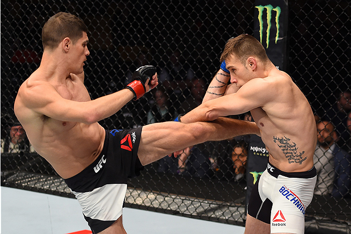 BOSTON, MA - JANUARY 17: (L-R) Charles Rosa kicks Kyle Bochniak in their featherweight bout during the UFC Fight Night event inside TD Garden on January 17, 2016 in Boston, Massachusetts. (Photo by Jeff Bottari/Zuffa LLC/Zuffa LLC via Getty Images)