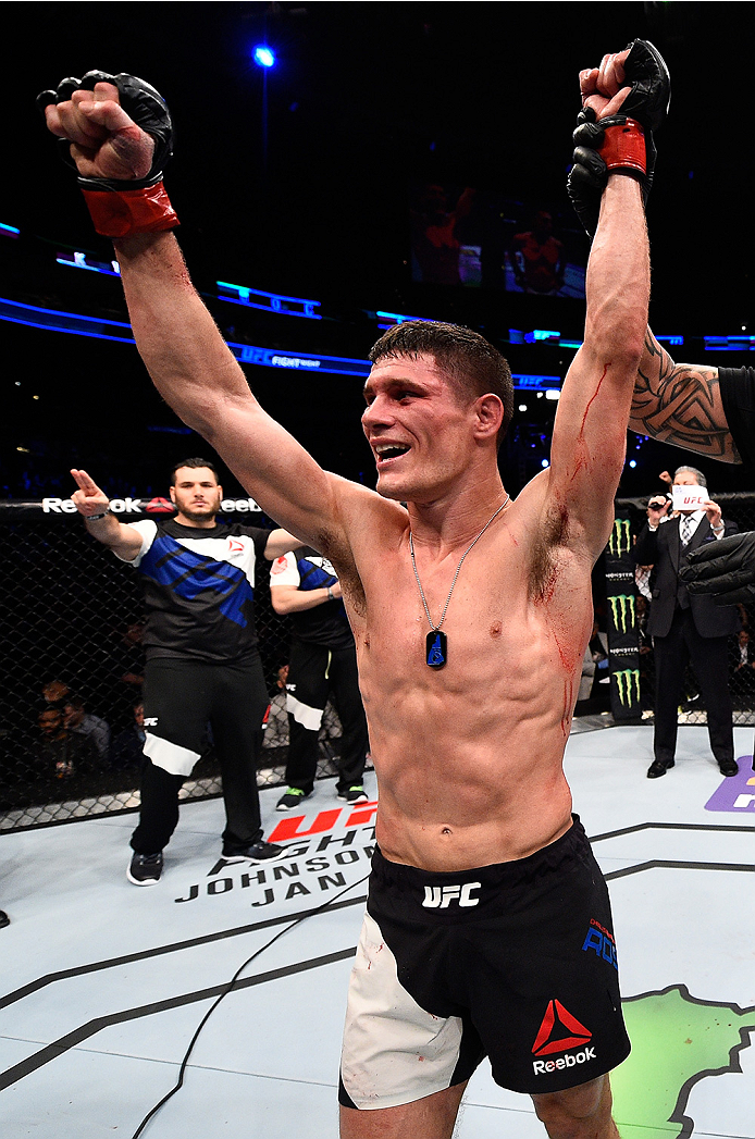 BOSTON, MA - JANUARY 17: Charles Rosa celebrates after his unanimous-decision victory over Kyle Bochniak in their featherweight bout during the UFC Fight Night event inside TD Garden on January 17, 2016 in Boston, Massachusetts. (Photo by Jeff Bottari/Zu