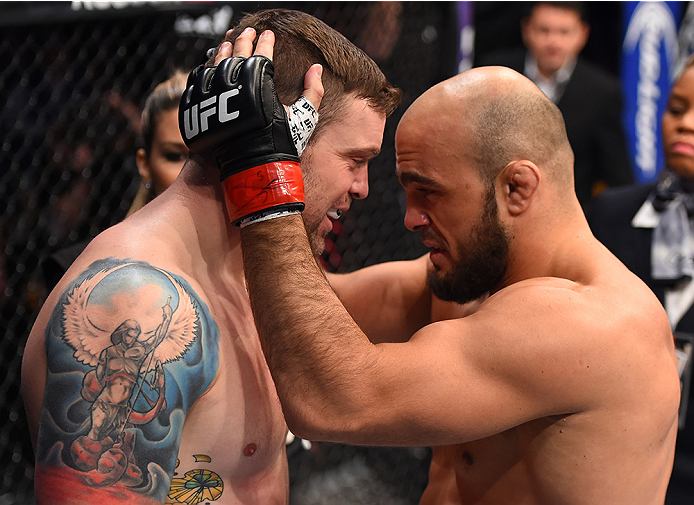 BOSTON, MA - JANUARY 17: (R-L) Ilir Latifi of Sweden and Sean OConnell talk after theiir light heavyweight bout during the UFC Fight Night event inside TD Garden on January 17, 2016 in Boston, Massachusetts. (Photo by Jeff Bottari/Zuffa LLC/Zuffa LLC via
