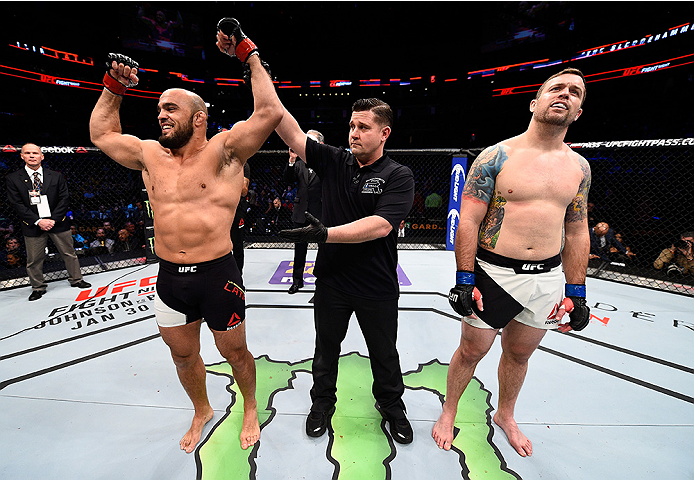 BOSTON, MA - JANUARY 17: Ilir Latifi of Sweden celebrates after his TKO victory over Sean OConnell in their light heavyweight bout during the UFC Fight Night event inside TD Garden on January 17, 2016 in Boston, Massachusetts. (Photo by Jeff Bottari/Zuff