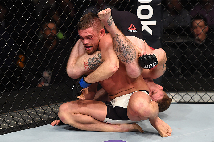 BOSTON, MA - JANUARY 17: (R-L) Paul Felder attempts to secure a triangle choke submission against Daron Cruickshank in their lightweight bout during the UFC Fight Night event inside TD Garden on January 17, 2016 in Boston, Massachusetts. (Photo by Jeff B