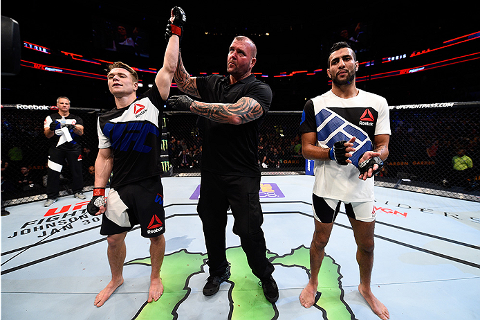 BOSTON, MA - JANUARY 17: Chris Wade (L) celebrates after his submission victory over Mehdi Bahgdad of France in their lightweight bout during the UFC Fight Night event inside TD Garden on January 17, 2016 in Boston, Massachusetts. (Photo by Jeff Bottari/