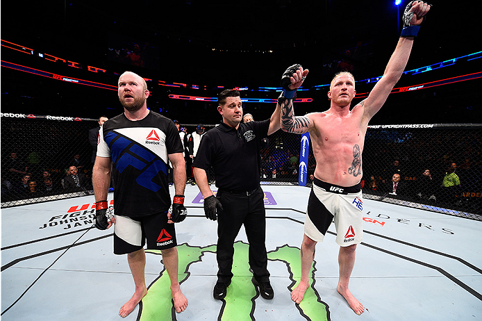 BOSTON, MA - JANUARY 17: Ed Herman (R) celebrates after his TKO victory over Tim Boetsch in their light heavyweight bout during the UFC Fight Night event inside TD Garden on January 17, 2016 in Boston, Massachusetts. (Photo by Jeff Bottari/Zuffa LLC/Zuff