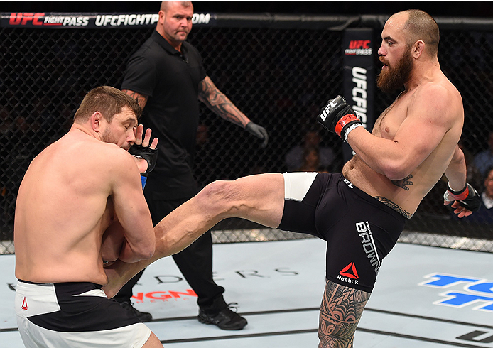 BOSTON, MA - JANUARY 17: (R-L) Travis Browne kicks Matt Mitrione in their heavyweight bout during the UFC Fight Night event inside TD Garden on January 17, 2016 in Boston, Massachusetts. (Photo by Jeff Bottari/Zuffa LLC/Zuffa LLC via Getty Images)