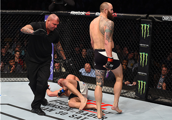 BOSTON, MA - JANUARY 17: Travis Browne (R) celebrates after his TKO victory over Matt Mitrione in their heavyweight bout during the UFC Fight Night event inside TD Garden on January 17, 2016 in Boston, Massachusetts. (Photo by Jeff Bottari/Zuffa LLC/Zuff