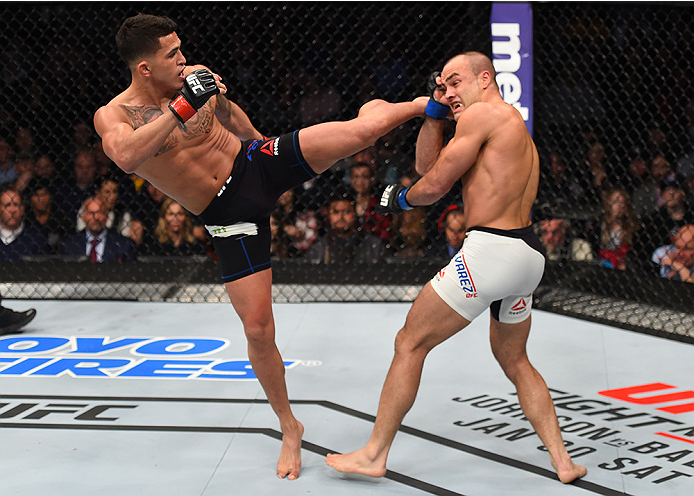 BOSTON, MA - JANUARY 17: (L-R) Anthony Pettis kicks Eddie Alvarez in their lightweight bout during the UFC Fight Night event inside TD Garden on January 17, 2016 in Boston, Massachusetts. (Photo by Jeff Bottari/Zuffa LLC/Zuffa LLC via Getty Images)
