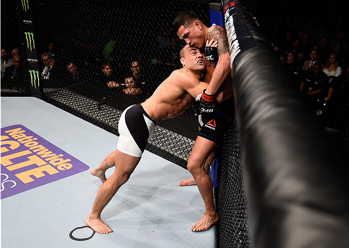BOSTON, MA - JANUARY 17: (L-R) Eddie Alvarez attempts to take down Anthony Pettis in their lightweight bout during the UFC Fight Night event inside TD Garden on January 17, 2016 in Boston, Massachusetts. (Photo by Jeff Bottari/Zuffa LLC/Zuffa LLC via Get