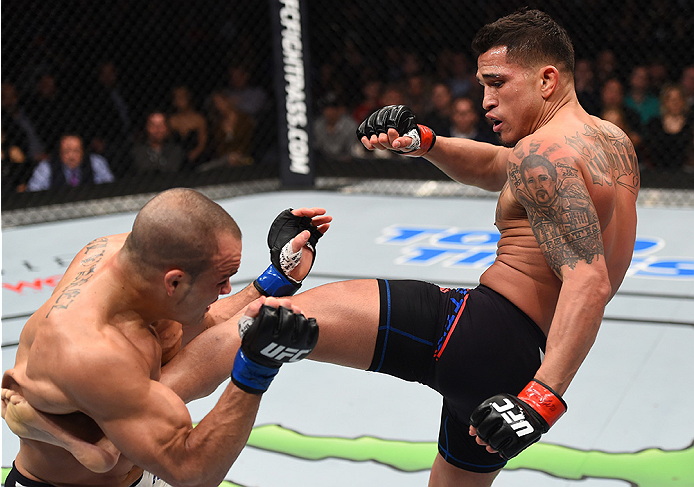 BOSTON, MA - JANUARY 17: (R-L) Anthony Pettis kicks Eddie Alvarez in their lightweight bout during the UFC Fight Night event inside TD Garden on January 17, 2016 in Boston, Massachusetts. (Photo by Jeff Bottari/Zuffa LLC/Zuffa LLC via Getty Images)