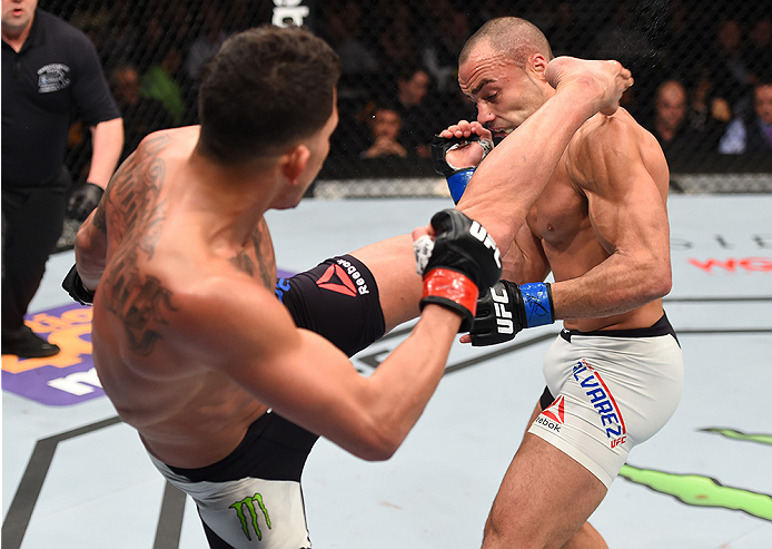 BOSTON, MA - JANUARY 17: (L-R) Anthony Pettis kicks Eddie Alvarez in their lightweight bout during the UFC Fight Night event inside TD Garden on January 17, 2016 in Boston, Massachusetts. (Photo by Jeff Bottari/Zuffa LLC/Zuffa LLC via Getty Images)