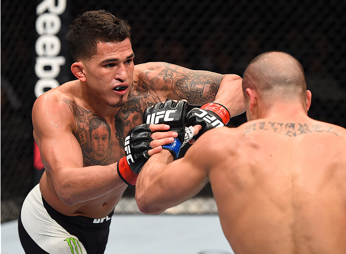 BOSTON, MA - JANUARY 17: (L-R) Anthony Pettis elbows Eddie Alvarez in their lightweight bout during the UFC Fight Night event inside TD Garden on January 17, 2016 in Boston, Massachusetts. (Photo by Jeff Bottari/Zuffa LLC/Zuffa LLC via Getty Images)