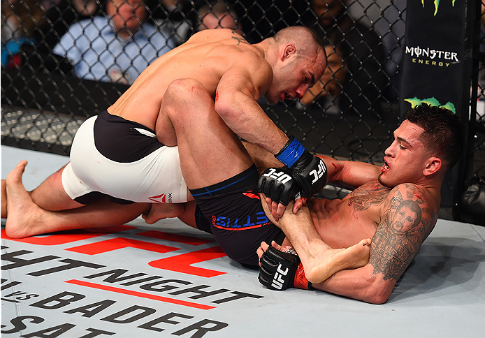 BOSTON, MA - JANUARY 17: (R-L) Anthony Pettis attempts a heel hook submission against Eddie Alvarez in their lightweight bout during the UFC Fight Night event inside TD Garden on January 17, 2016 in Boston, Massachusetts. (Photo by Jeff Bottari/Zuffa LLC