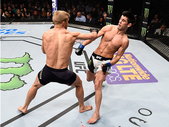 BOSTON, MA - JANUARY 17: (L-R) TJ Dillashaw punches Dominick Cruz in their UFC bantamweight championship bout during the UFC Fight Night event inside TD Garden on January 17, 2016 in Boston, Massachusetts. (Photo by Jeff Bottari/Zuffa LLC/Zuffa LLC via G