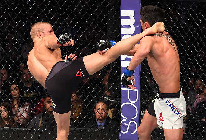 BOSTON, MA - JANUARY 17: (L-R) TJ Dillashaw kicks Dominick Cruz in their UFC bantamweight championship bout during the UFC Fight Night event inside TD Garden on January 17, 2016 in Boston, Massachusetts. (Photo by Jeff Bottari/Zuffa LLC/Zuffa LLC via Get