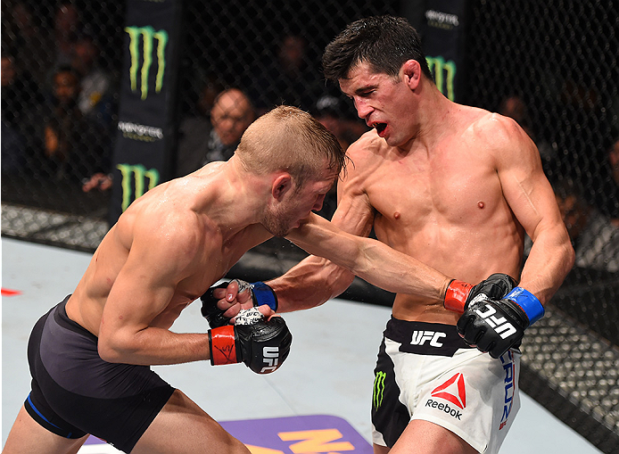 BOSTON, MA - JANUARY 17: (L-R) TJ Dillashaw and Dominick Cruz trade punches in their UFC bantamweight championship bout during the UFC Fight Night event inside TD Garden on January 17, 2016 in Boston, Massachusetts. (Photo by Jeff Bottari/Zuffa LLC/Zuffa