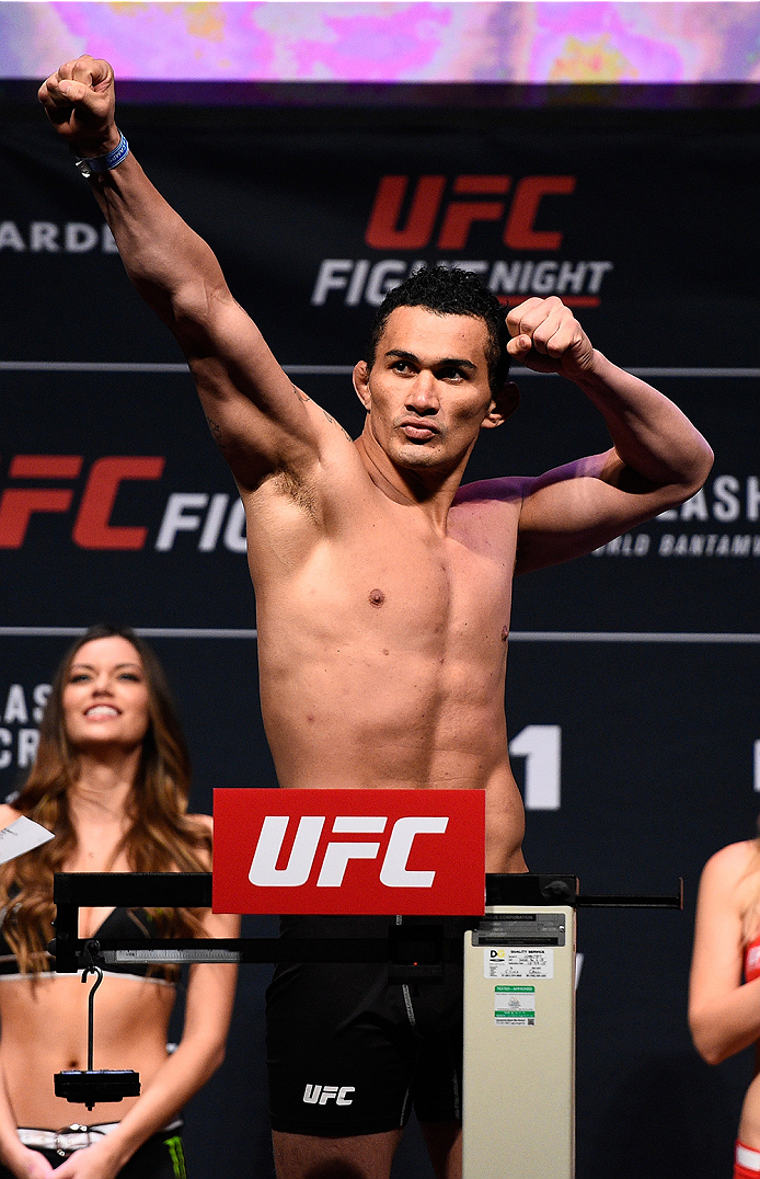 BOSTON, MA - JANUARY 16: Francimar Barroso of Brazil weighs in during the UFC weigh-in at the Wang Theatre on January 16, 2016 in Boston, Massachusetts. (Photo by Jeff Bottari/Zuffa LLC/Zuffa LLC via Getty Images)