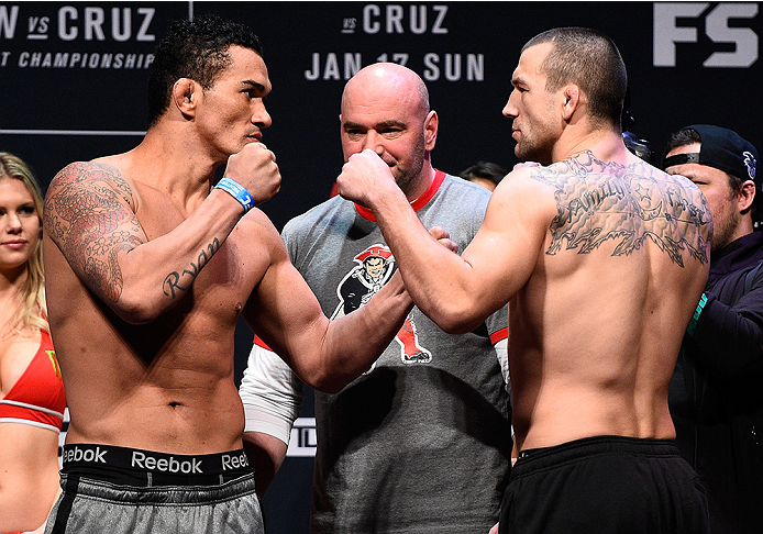BOSTON, MA - JANUARY 16: (L-R) Opponents Francimar Barroso of Brazil and Elvis Mutapcic of Bosnia face off during the UFC weigh-in at the Wang Theatre on January 16, 2016 in Boston, Massachusetts. (Photo by Jeff Bottari/Zuffa LLC/Zuffa LLC via Getty Imag