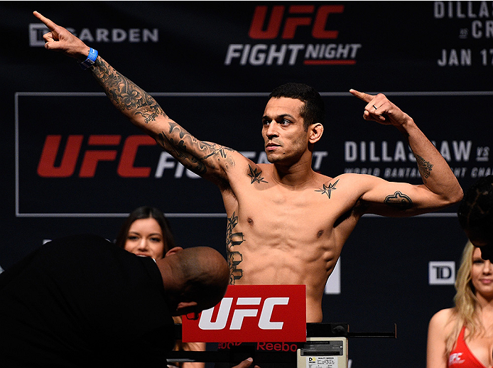 BOSTON, MA - JANUARY 16: Joey Gomez weighs in during the UFC weigh-in at the Wang Theatre on January 16, 2016 in Boston, Massachusetts. (Photo by Jeff Bottari/Zuffa LLC/Zuffa LLC via Getty Images)