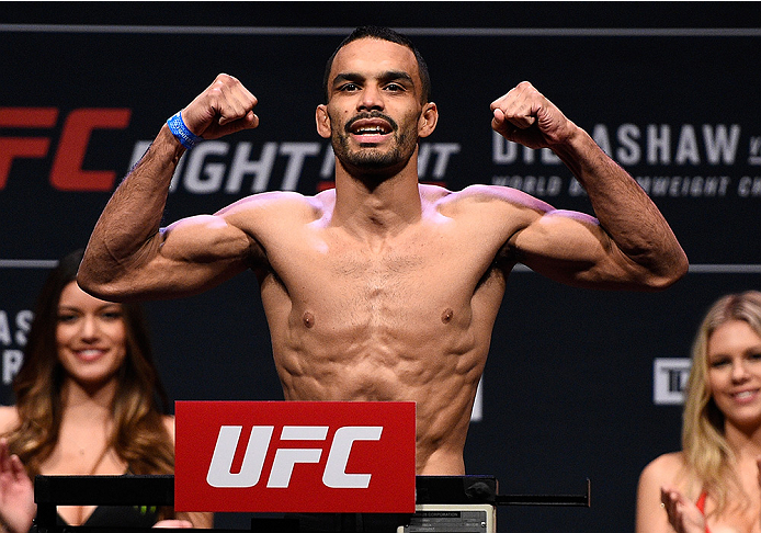 BOSTON, MA - JANUARY 16: Rob Font weighs in during the UFC weigh-in at the Wang Theatre on January 16, 2016 in Boston, Massachusetts. (Photo by Jeff Bottari/Zuffa LLC/Zuffa LLC via Getty Images)