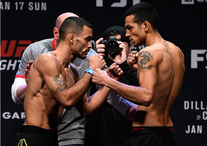 BOSTON, MA - JANUARY 16: (L-R) Opponents Rob Font and Joey Gomez face off during the UFC weigh-in at the Wang Theatre on January 16, 2016 in Boston, Massachusetts. (Photo by Jeff Bottari/Zuffa LLC/Zuffa LLC via Getty Images)