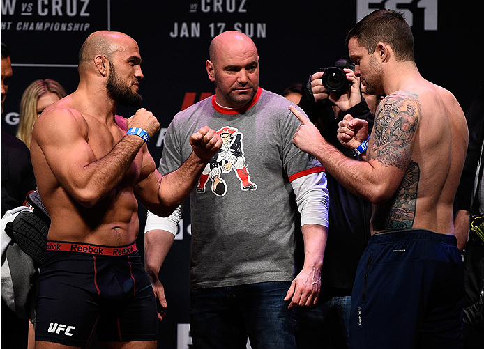 BOSTON, MA - JANUARY 16: (L-R) Opponents Ilir Latifi of Sweden and Sean OConnell face off during the UFC weigh-in at the Wang Theatre on January 16, 2016 in Boston, Massachusetts. (Photo by Jeff Bottari/Zuffa LLC/Zuffa LLC via Getty Images)