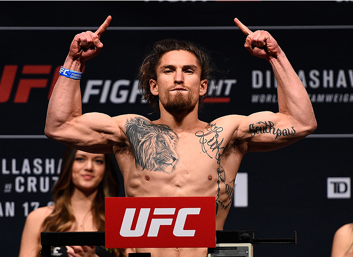 BOSTON, MA - JANUARY 16: Luke Sanders weighs in during the UFC weigh-in at the Wang Theatre on January 16, 2016 in Boston, Massachusetts. (Photo by Jeff Bottari/Zuffa LLC/Zuffa LLC via Getty Images)