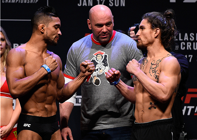 BOSTON, MA - JANUARY 16: (L-R) Opponents Maximo Blanco of Venezuela and Luke Sanders face off during the UFC weigh-in at the Wang Theatre on January 16, 2016 in Boston, Massachusetts. (Photo by Jeff Bottari/Zuffa LLC/Zuffa LLC via Getty Images)