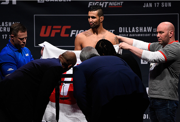 BOSTON, MA - JANUARY 16: Mehdi Bahgdad of France weighs in during the UFC weigh-in at the Wang Theatre on January 16, 2016 in Boston, Massachusetts. (Photo by Jeff Bottari/Zuffa LLC/Zuffa LLC via Getty Images)