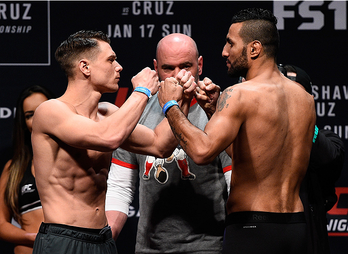 BOSTON, MA - JANUARY 16: (L-R) Opponents Chris Wade and Mehdi Bahgdad of France face off during the UFC weigh-in at the Wang Theatre on January 16, 2016 in Boston, Massachusetts. (Photo by Jeff Bottari/Zuffa LLC/Zuffa LLC via Getty Images)