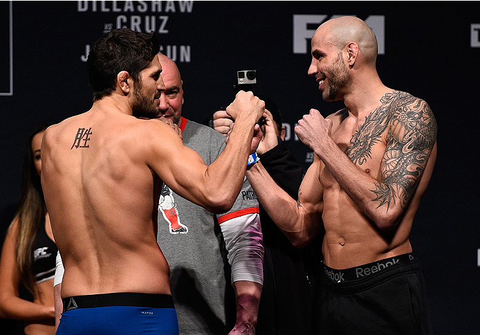 BOSTON, MA - JANUARY 16: (L-R) Opponents Patrick Cote of Canada and Ben Saunders face off during the UFC weigh-in at the Wang Theatre on January 16, 2016 in Boston, Massachusetts. (Photo by Jeff Bottari/Zuffa LLC/Zuffa LLC via Getty Images)
