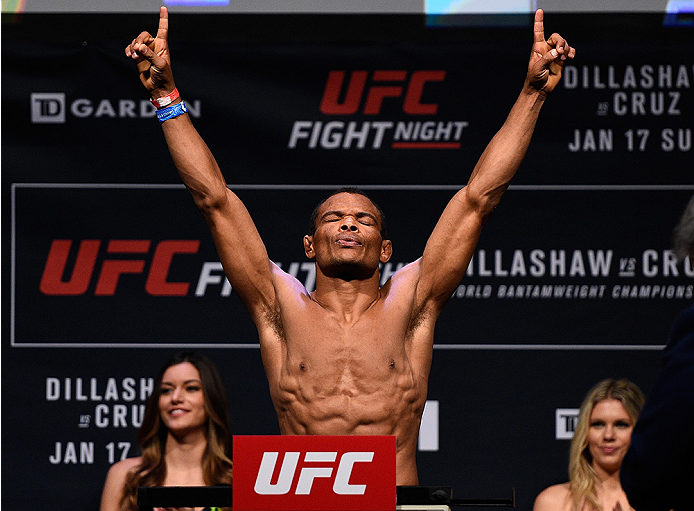 BOSTON, MA - JANUARY 16: Francisco Trinaldo of Brazil weighs in during the UFC weigh-in at the Wang Theatre on January 16, 2016 in Boston, Massachusetts. (Photo by Jeff Bottari/Zuffa LLC/Zuffa LLC via Getty Images)