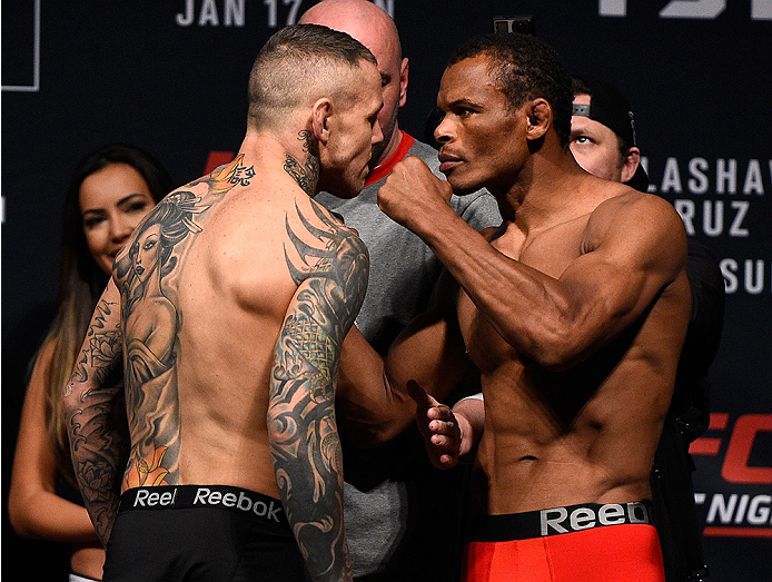 BOSTON, MA - JANUARY 16: (L-R) Opponents Ross Pearson of England and Francisco Trinaldo of Brazil face off during the UFC weigh-in at the Wang Theatre on January 16, 2016 in Boston, Massachusetts. (Photo by Jeff Bottari/Zuffa LLC/Zuffa LLC via Getty Imag