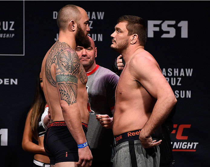 BOSTON, MA - JANUARY 16: (L-R) Opponents Travis Browne and Matt Mitrione face off during the UFC weigh-in at the Wang Theatre on January 16, 2016 in Boston, Massachusetts. (Photo by Jeff Bottari/Zuffa LLC/Zuffa LLC via Getty Images)