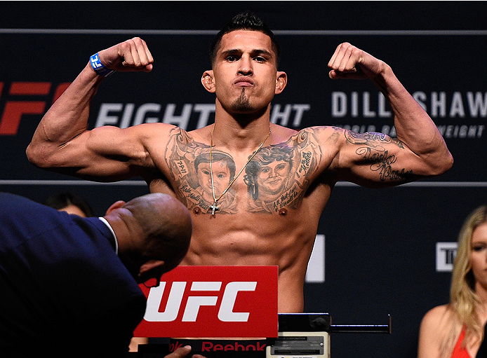 BOSTON, MA - JANUARY 16: Anthony Pettis weighs in during the UFC weigh-in at the Wang Theatre on January 16, 2016 in Boston, Massachusetts. (Photo by Jeff Bottari/Zuffa LLC/Zuffa LLC via Getty Images)
