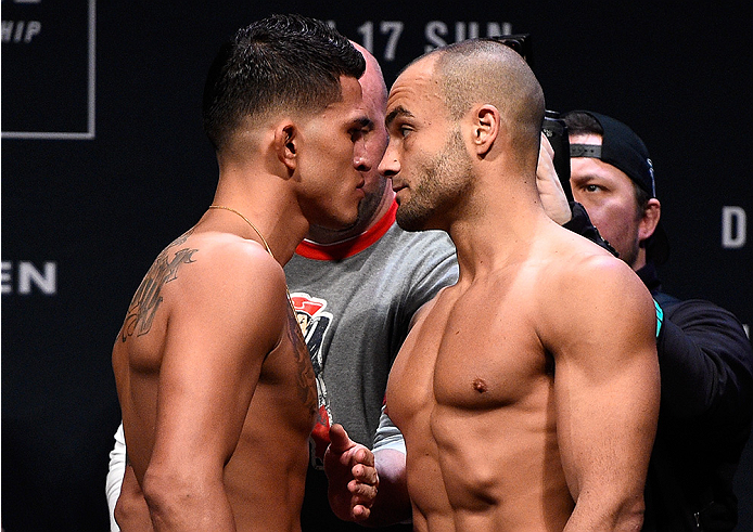 BOSTON, MA - JANUARY 16: (L-R) Opponents Anthony Pettis and Eddie Alvarez face off during the UFC weigh-in at the Wang Theatre on January 16, 2016 in Boston, Massachusetts. (Photo by Jeff Bottari/Zuffa LLC/Zuffa LLC via Getty Images)