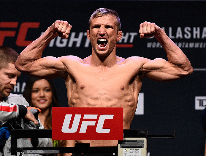 BOSTON, MA - JANUARY 16: TJ Dillashaw weighs in during the UFC weigh-in at the Wang Theatre on January 16, 2016 in Boston, Massachusetts. (Photo by Jeff Bottari/Zuffa LLC/Zuffa LLC via Getty Images)