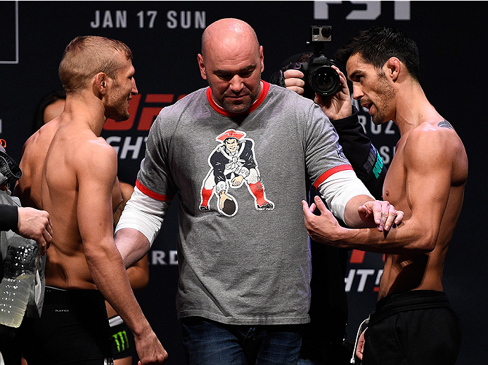 BOSTON, MA - JANUARY 16: (L-R) Opponents TJ Dillashaw and Dominick Cruz face off during the UFC weigh-in at the Wang Theatre on January 16, 2016 in Boston, Massachusetts. (Photo by Jeff Bottari/Zuffa LLC/Zuffa LLC via Getty Images)