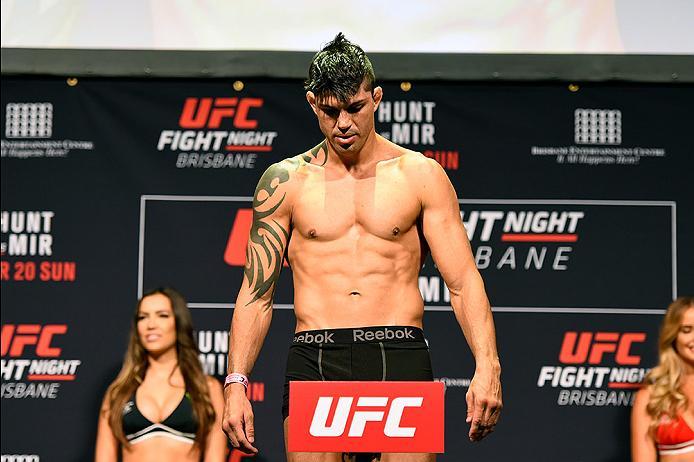 BRISBANE, AUSTRALIA - MARCH 19: Viscardi Andrade of Brazil weighs in during the UFC Fight Night weigh-in at the Brisbane Entertainment Centre on March 19, 2016 in Brisbane, Australia. (Photo by Josh Hedges/Zuffa LLC/Zuffa LLC via Getty Images)