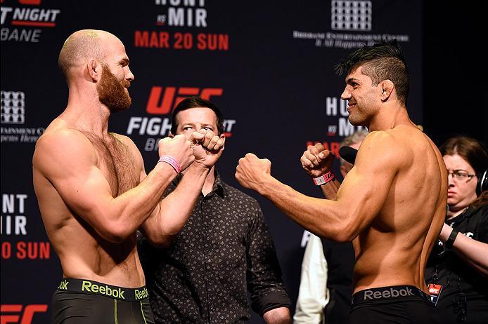 BRISBANE, AUSTRALIA - MARCH 19: (L-R) Opponents Rich Walsh of Australia and Viscardi Andrade of Brazil face off during the UFC Fight Night weigh-in at the Brisbane Entertainment Centre on March 19, 2016 in Brisbane, Australia. (Photo by Josh Hedges/Zuffa